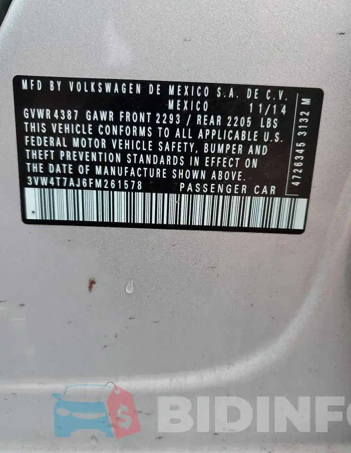 3VW4T7AJ6FM261578 Photo# 12