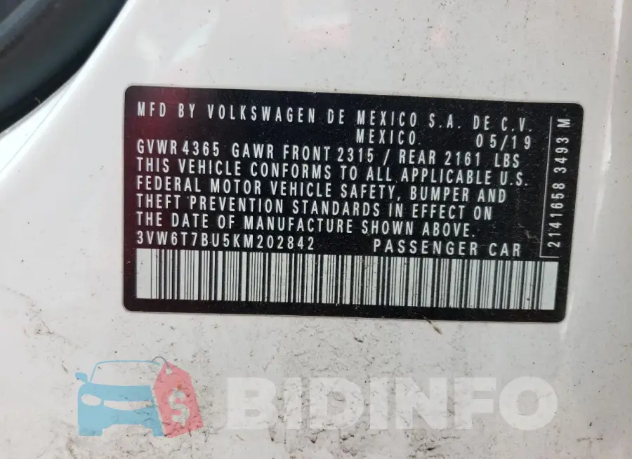 3VW6T7BU5KM202842 Photo# 12