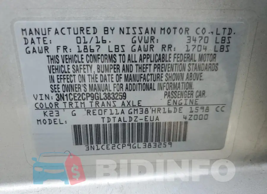 3N1CE2CP9GL383259 Photo# 12