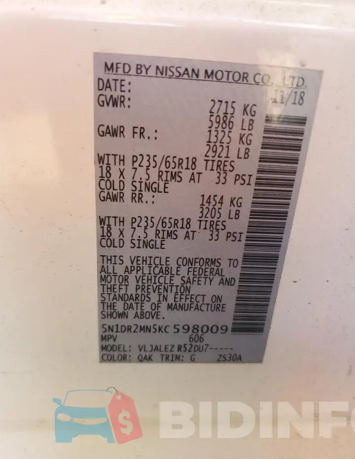 5N1DR2MN5KC598009 Photo# 12