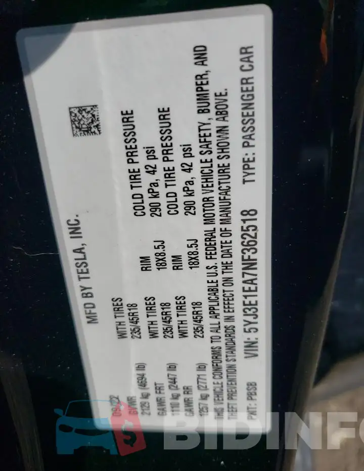 5YJ3E1EA7NF362518 Photo# 13