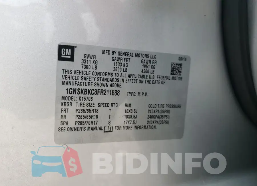 1GNSKBKC8FR211688 Photo# 13