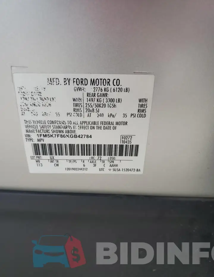 1FM5K7F86KGB42784 Photo# 13