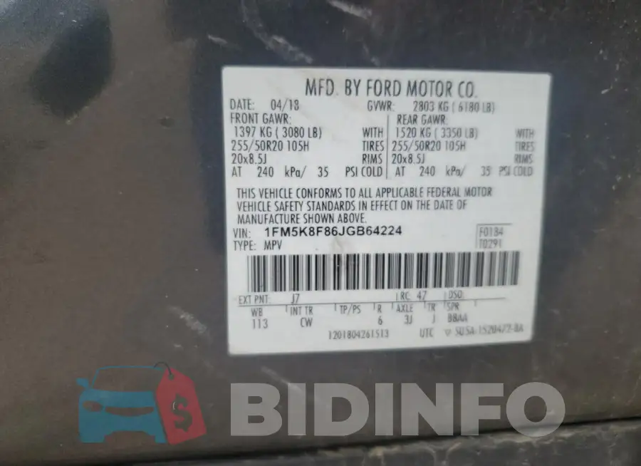 1FM5K8F86JGB64224 Photo# 13