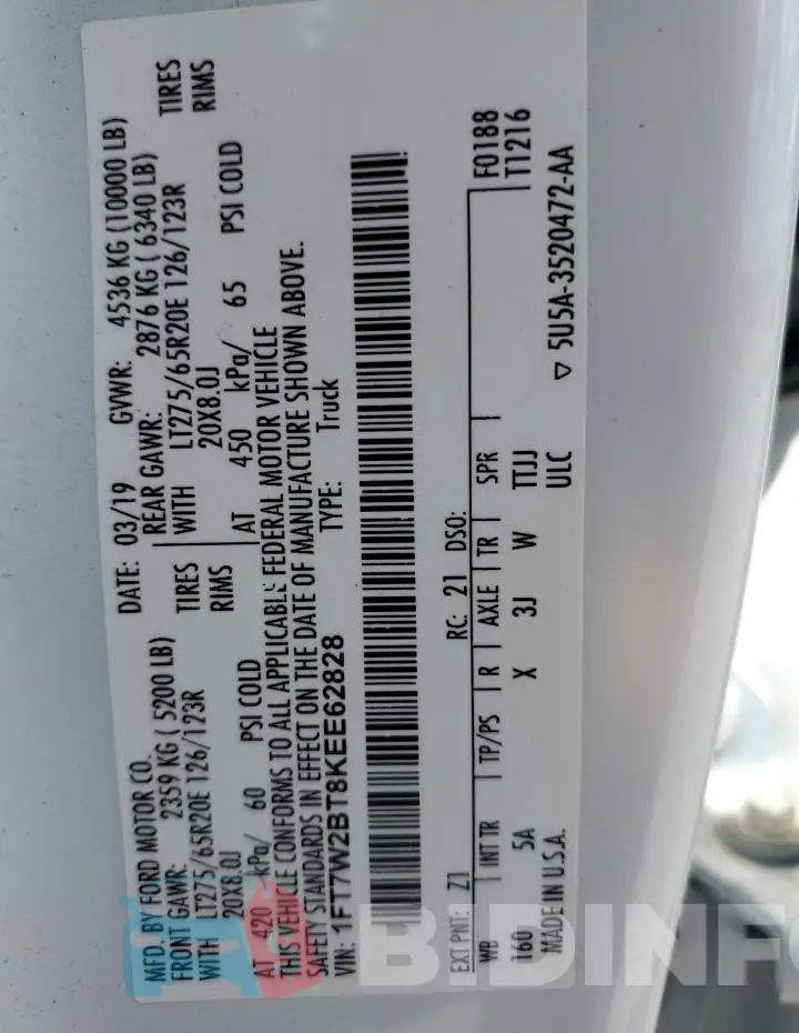 1FT7W2BT8KEE62828 Photo# 12