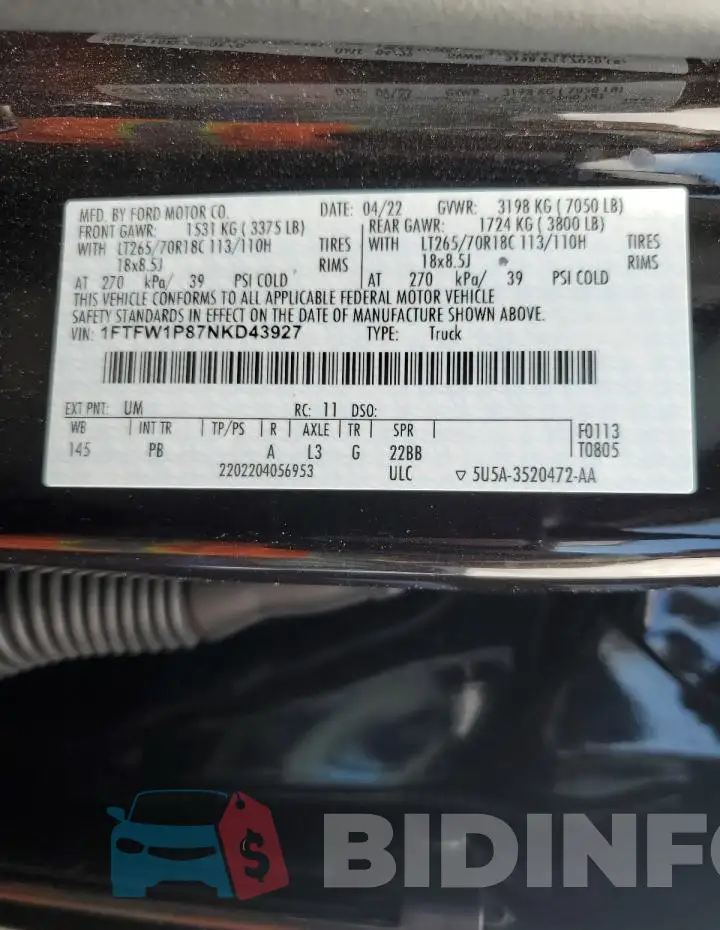 1FTFW1P87NKD43927 Photo# 12