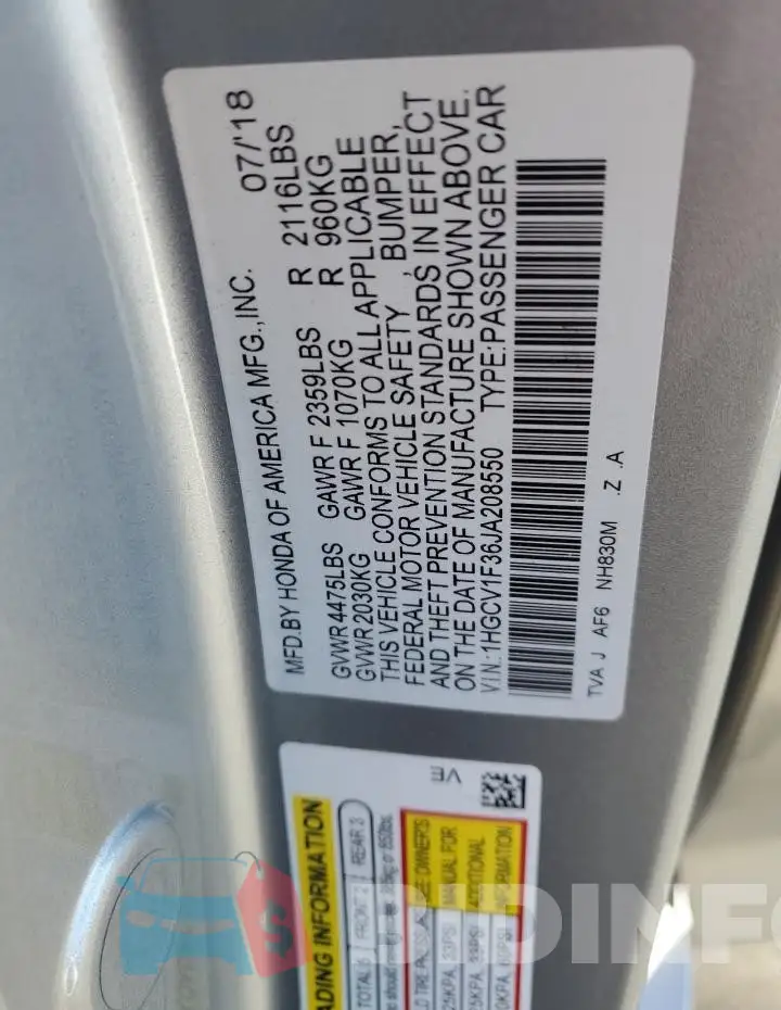 1HGCV1F36JA208550 Photo# 12