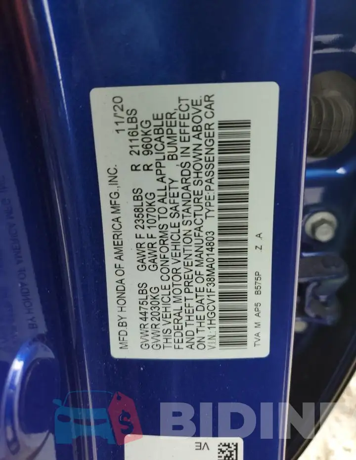 1HGCV1F38MA014803 Photo# 12