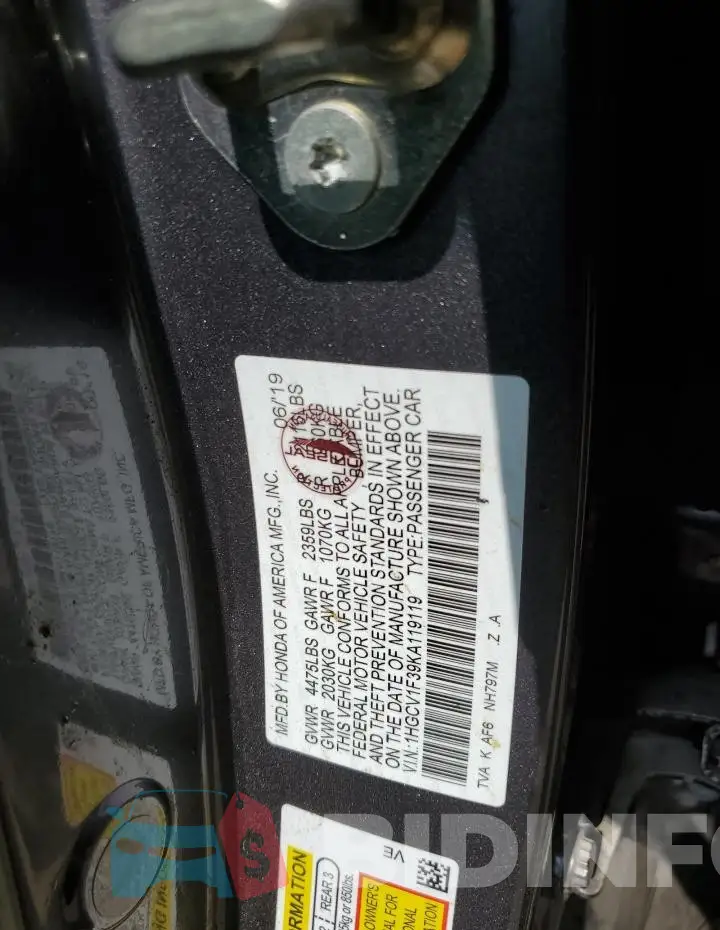 1HGCV1F39KA119119 Photo# 12