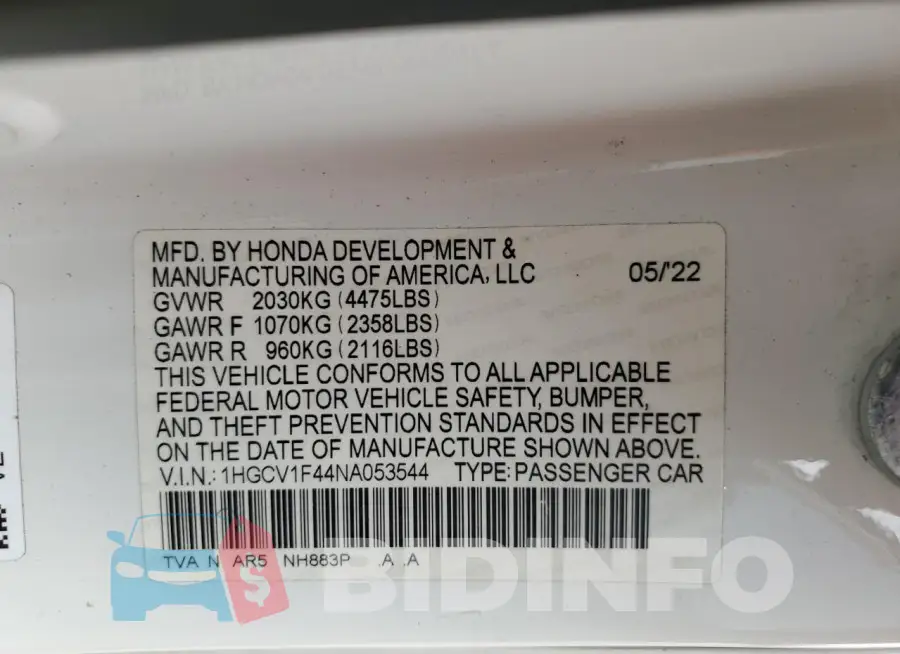 1HGCV1F44NA053544 Photo# 12
