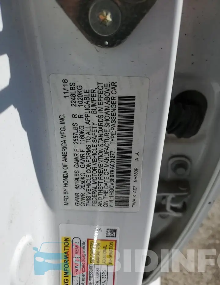 1HGCV3F97KA001277 Photo# 12