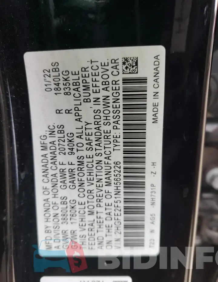 2HGFE2F51NH565226 Photo# 13