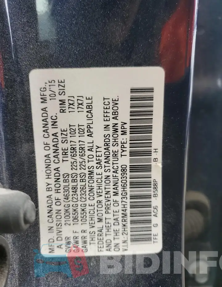 2HKRM4H73GH603980 Photo# 13