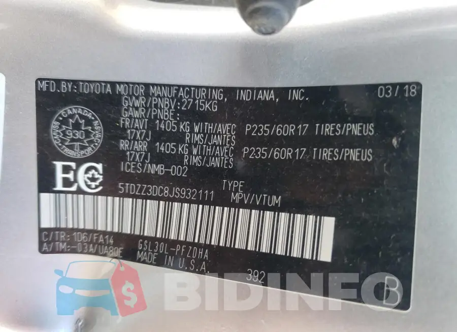 5TDZZ3DC8JS932111 Photo# 13