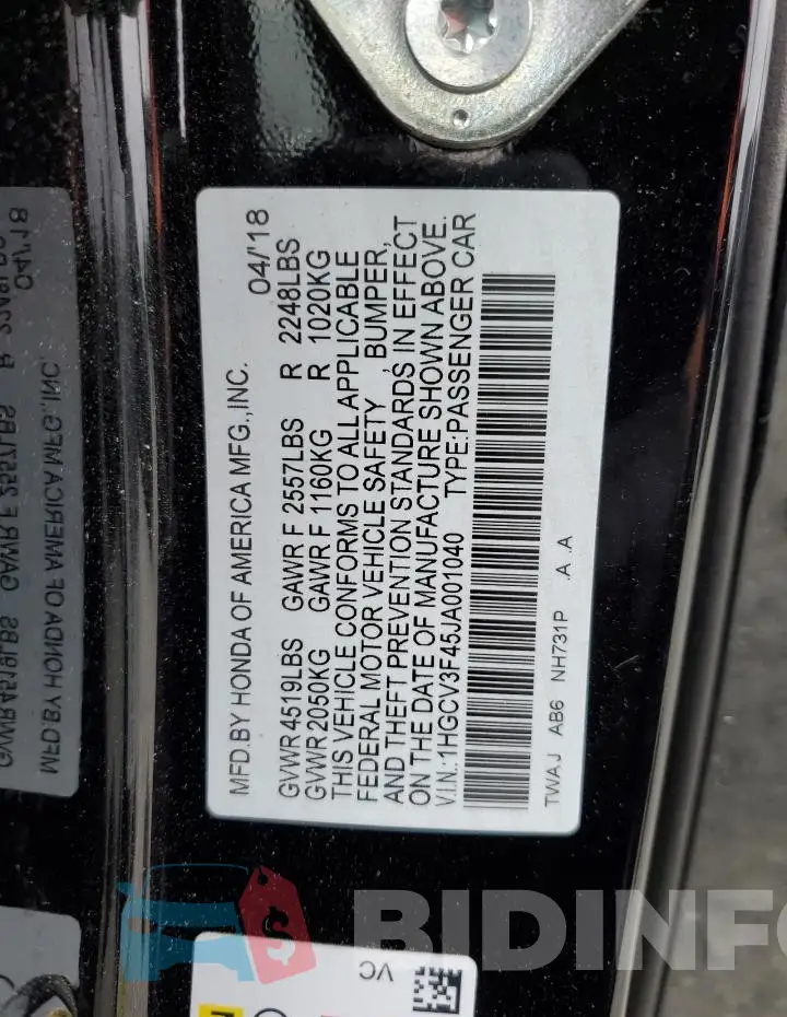 1HGCV3F45JA001040 Photo# 12