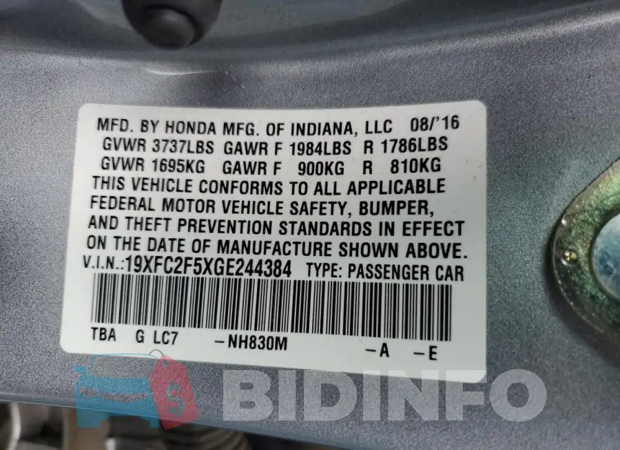 19XFC2F5XGE244384 Photo# 12