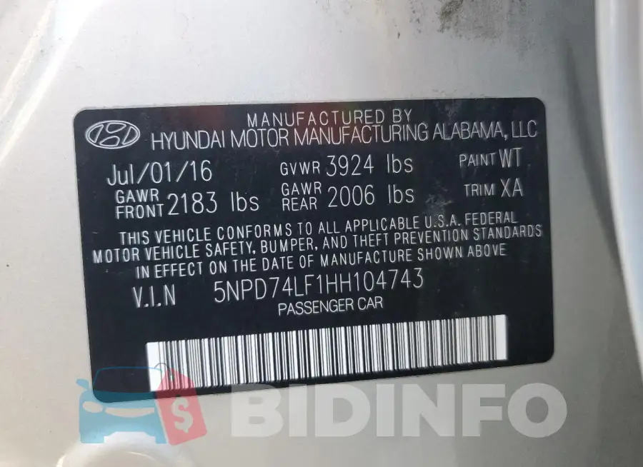 5NPD74LF1HH104743 Photo# 12