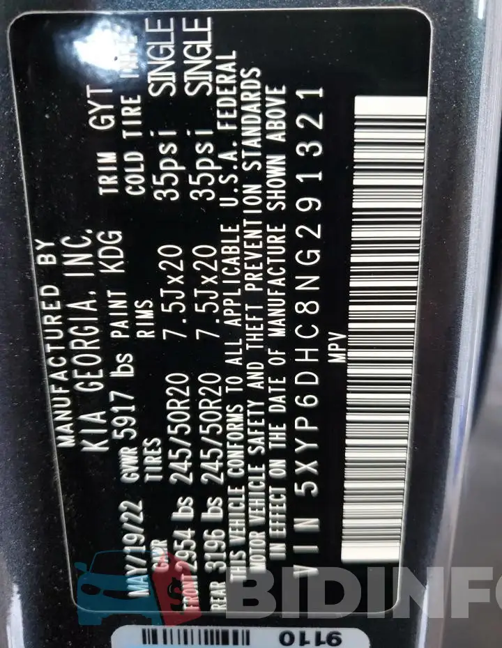 5XYP6DHC8NG291321 Photo# 13