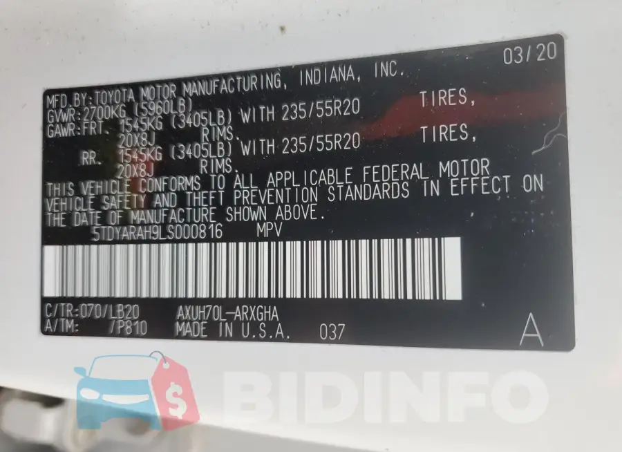 5TDYARAH9LS000816 Photo# 14