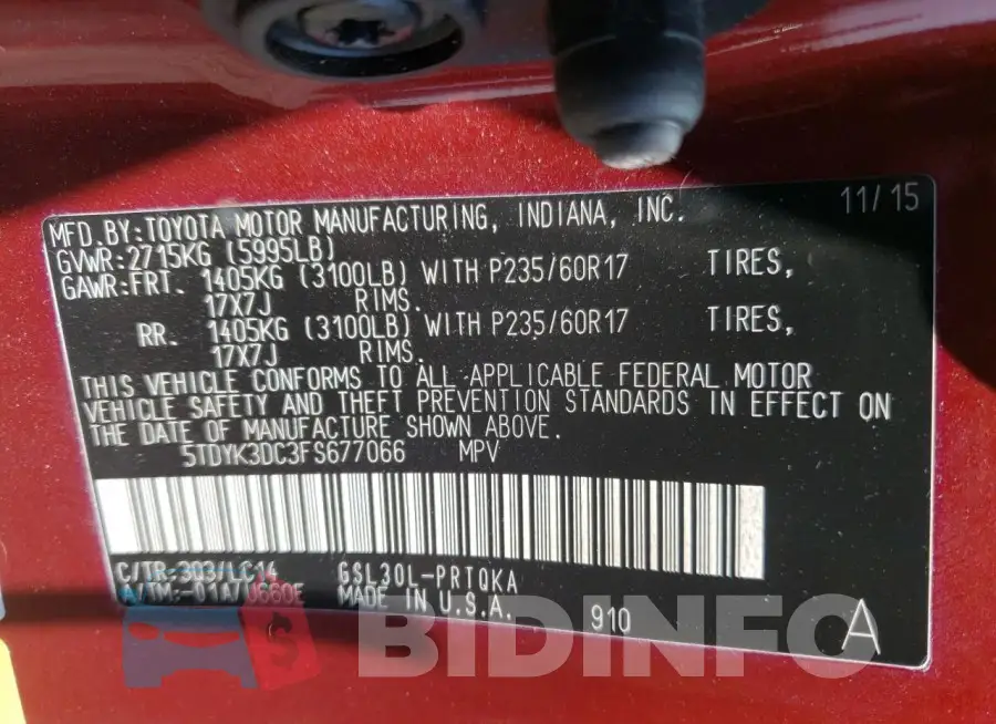 5TDYK3DC3FS677066 Photo# 14