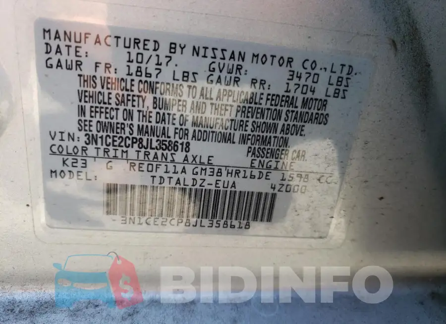 3N1CE2CP8JL358618 Photo# 13