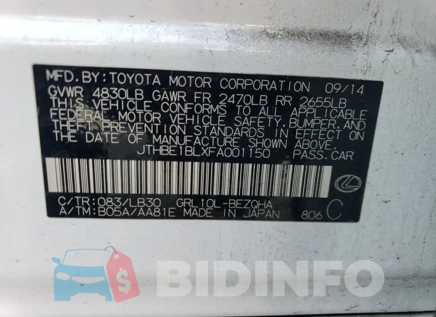 JTHBE1BLXFA001150 Photo# 13