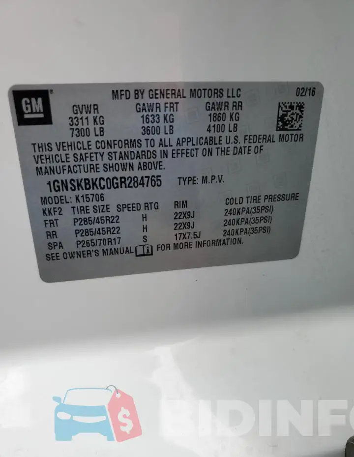 1GNSKBKC0GR284765 Photo# 13