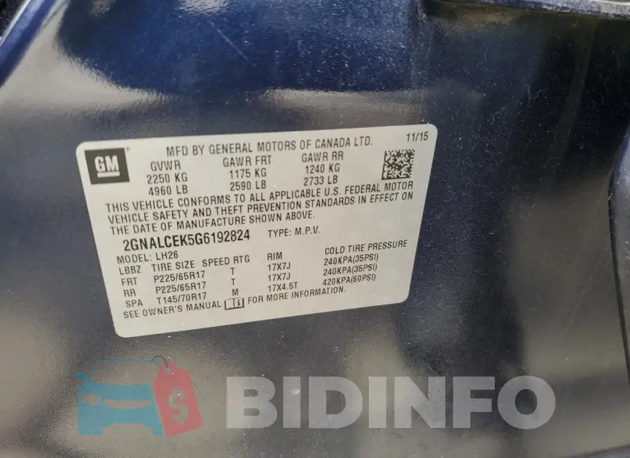 2GNALCEK5G6192824 Photo# 13