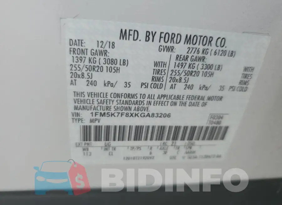1FM5K7F8XKGA83206 Photo# 12