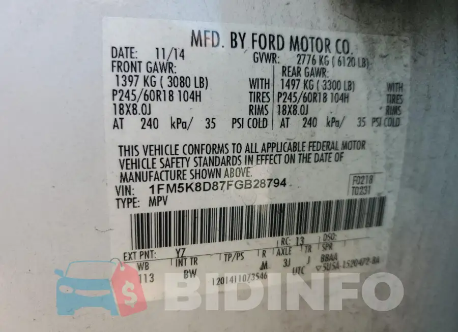 1FM5K8D87FGB28794 Photo# 13