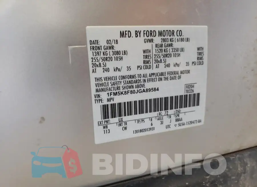1FM5K8F80JGA89584 Photo# 12