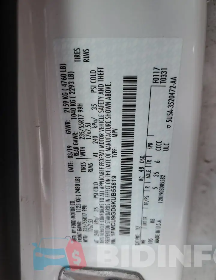 1FMCU9GD6KUB55819 Photo# 13