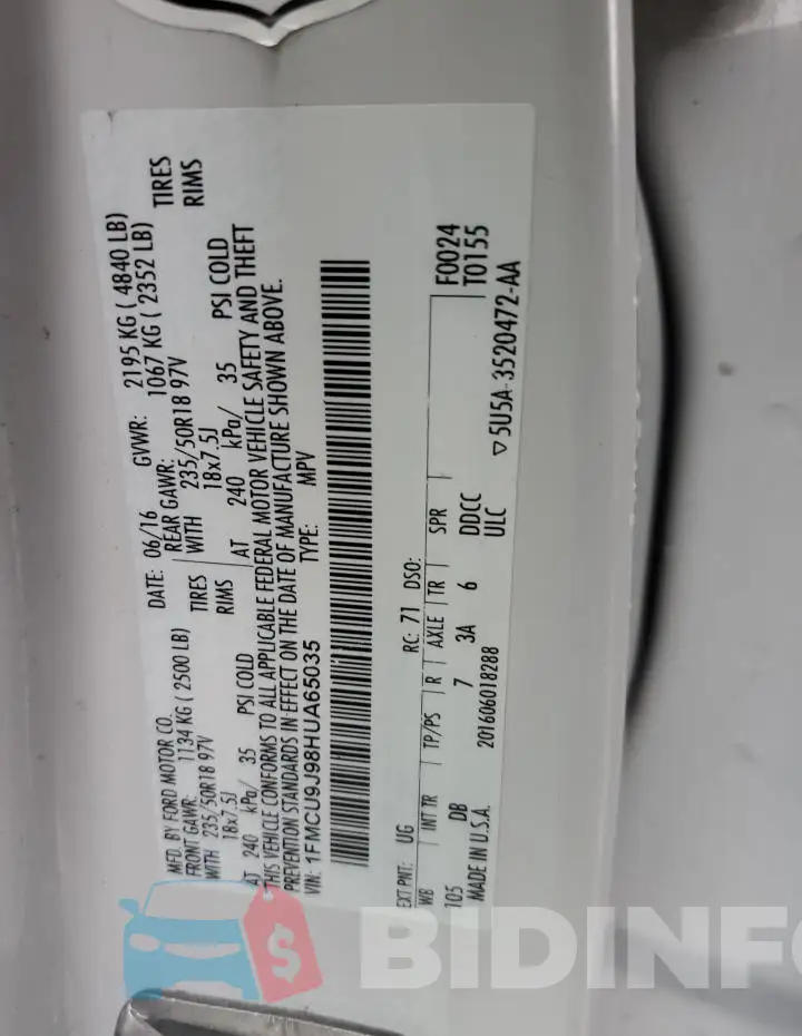 1FMCU9J98HUA65035 Photo# 12