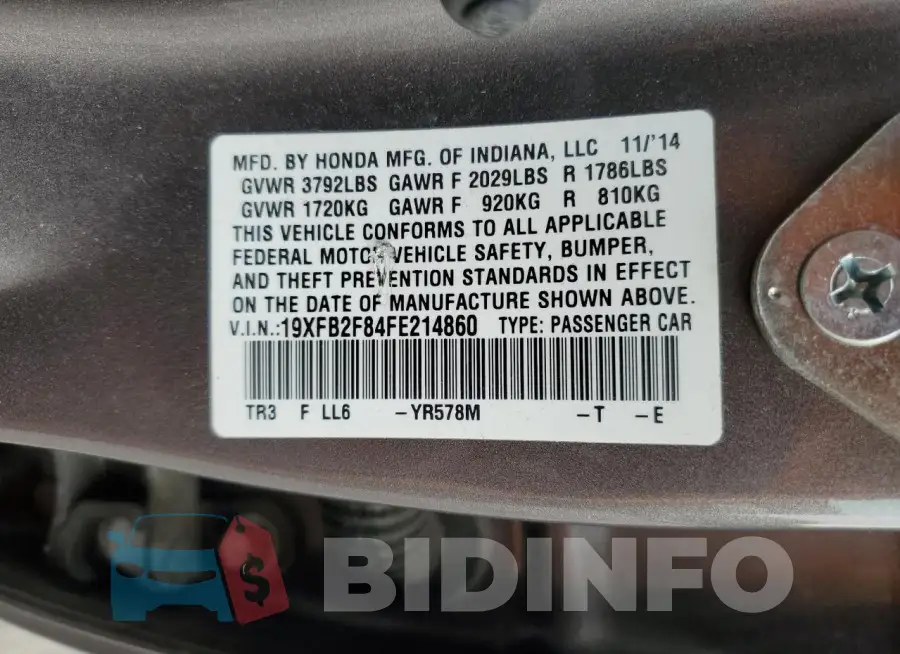 19XFB2F84FE214860 Photo# 12