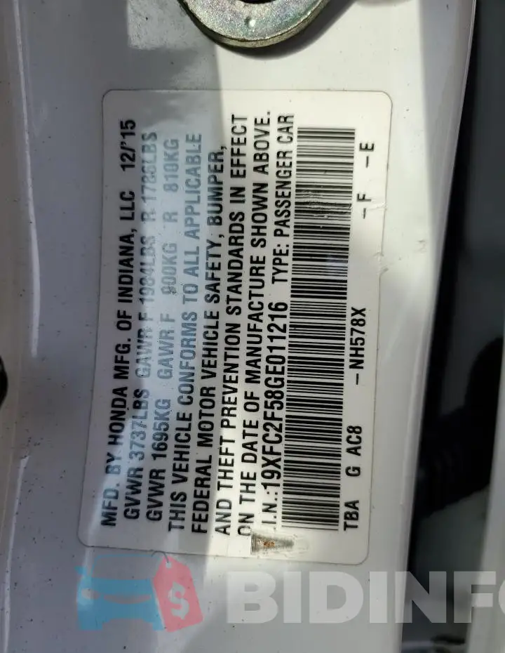 19XFC2F58GE011216 Photo# 12