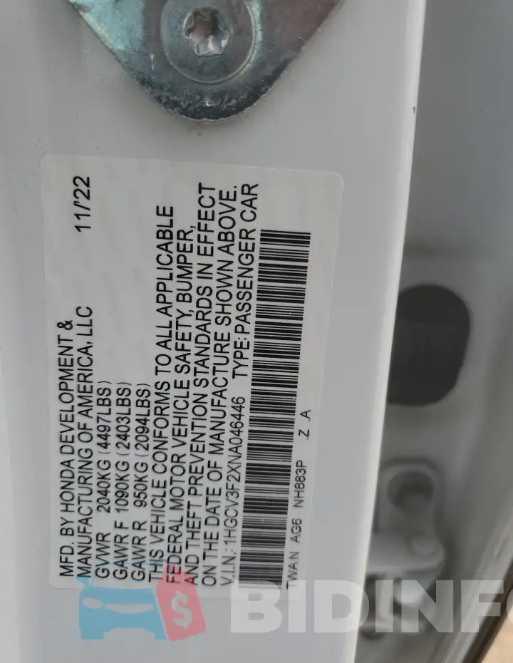 1HGCV3F2XNA046446 Photo# 12