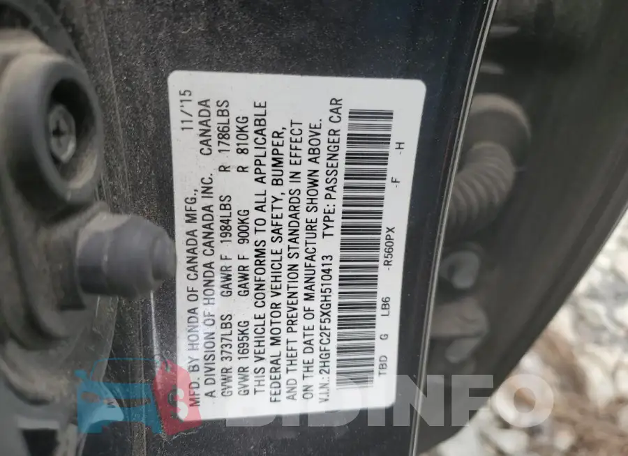 2HGFC2F5XGH510413 Photo# 13