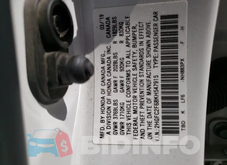 2HGFC2F68KH547915 Photo# 13
