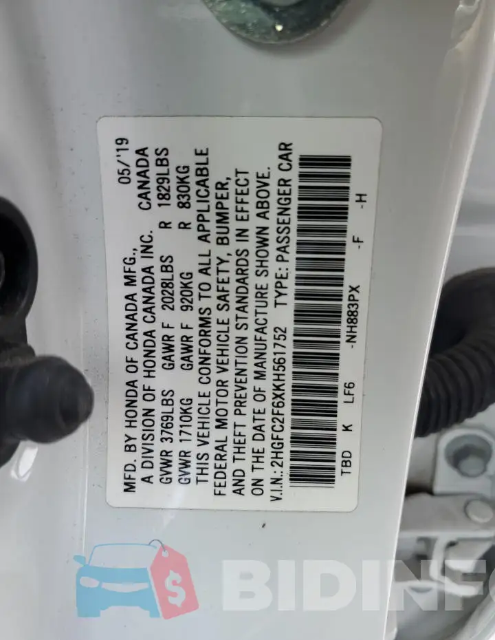 2HGFC2F6XKH561752 Photo# 12