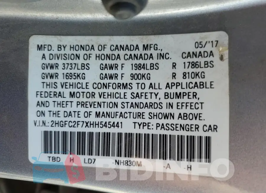 2HGFC2F7XHH545441 Photo# 12