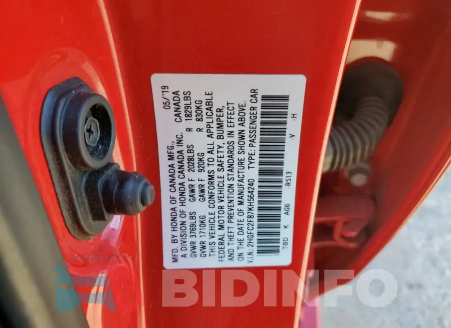 2HGFC2F87KH564240 Photo# 12