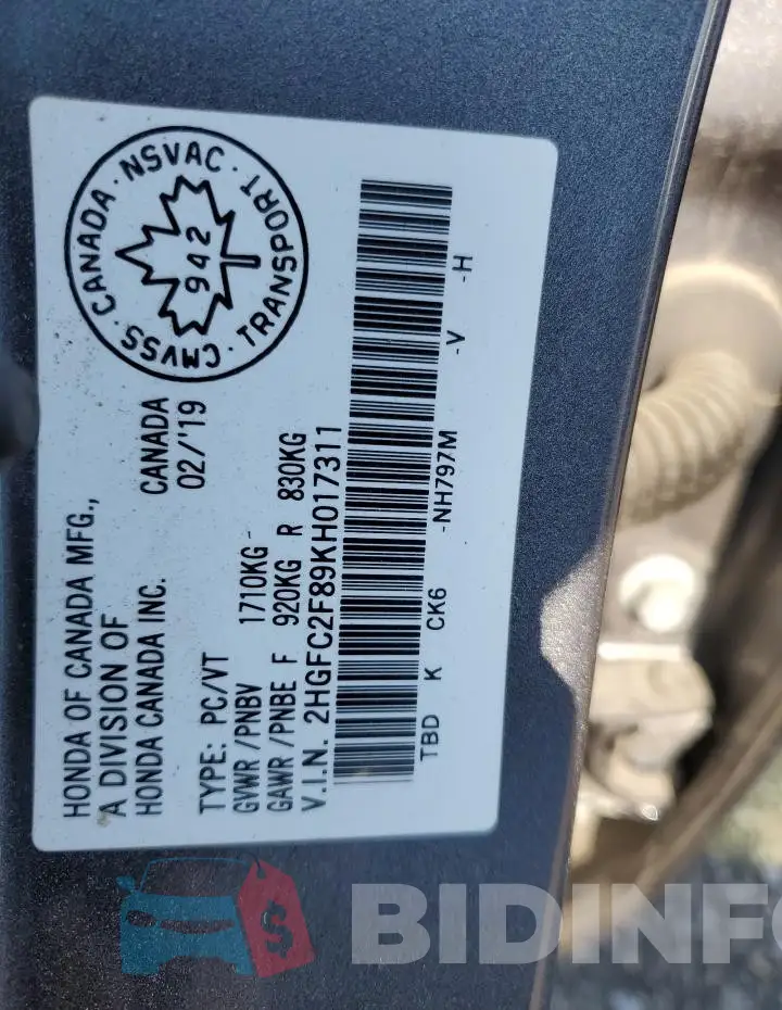 2HGFC2F89KH017311 Photo# 12