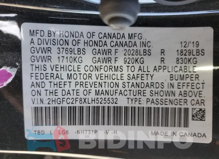 2HGFC2F8XLH525532 Photo# 12