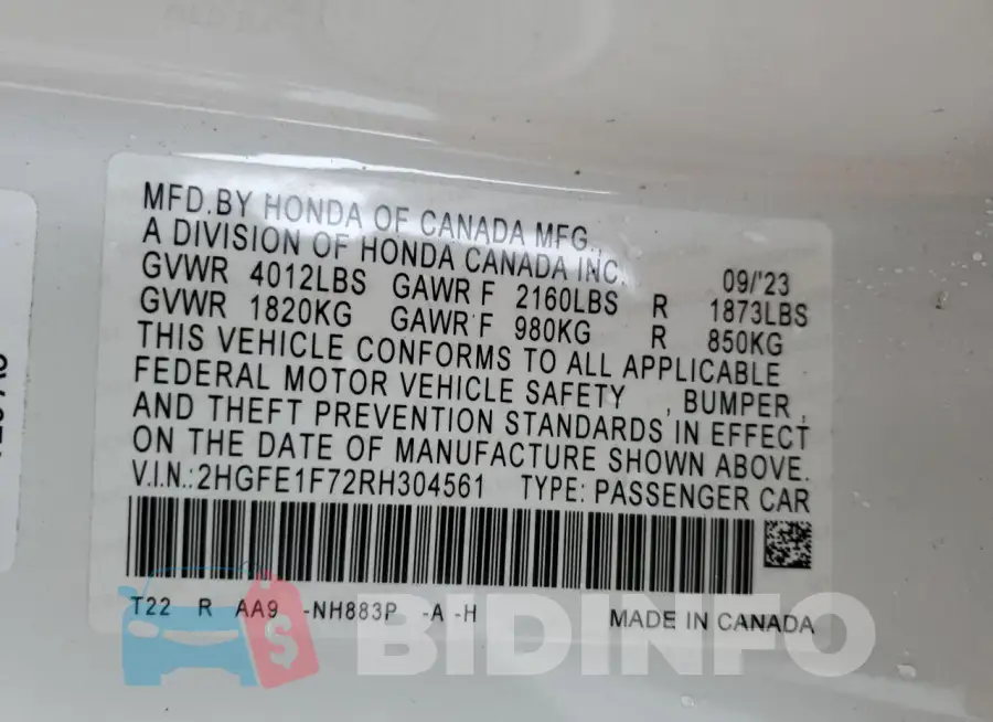 2HGFE1F72RH304561 Photo# 13
