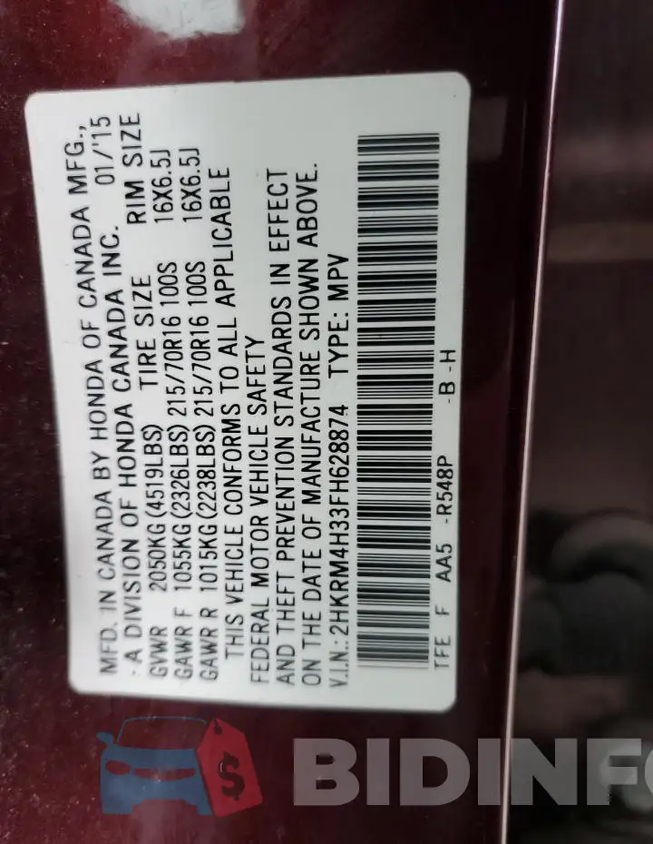 2HKRM4H33FH628874 Photo# 13