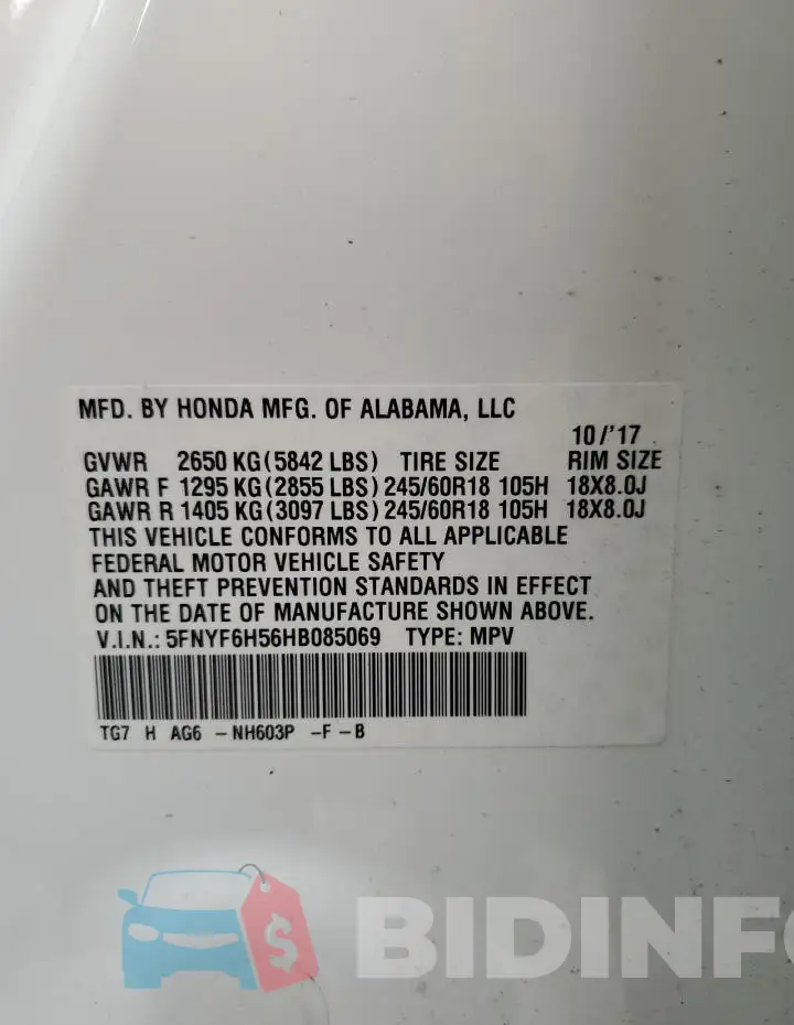 5FNYF6H56HB085069 Photo# 13