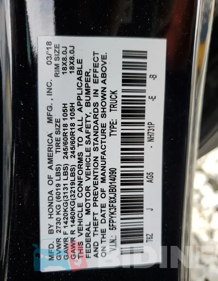 5FPYK3F8XJB014035 Photo# 12