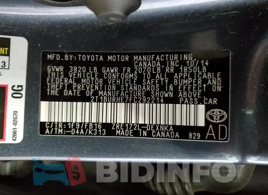 2T1BURHE7FC292214 Photo# 13
