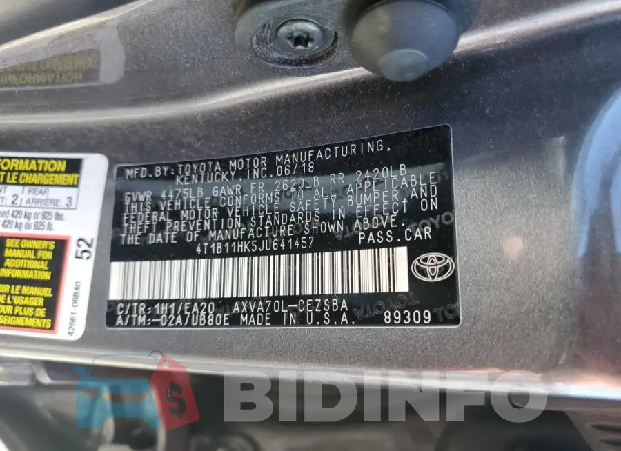 4T1B11HK5JU641457 Photo# 12