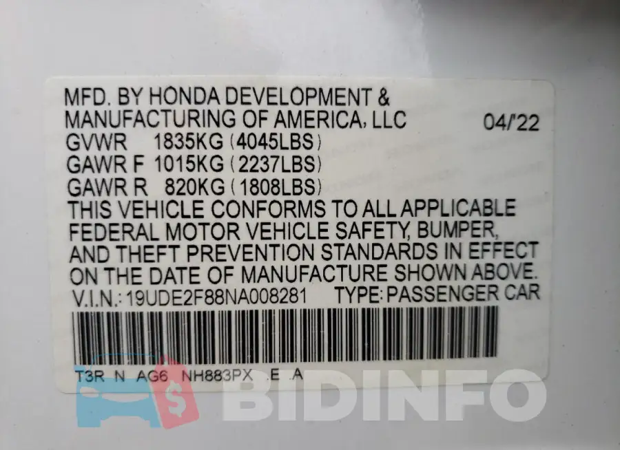 19UDE2F88NA008281 Photo# 12